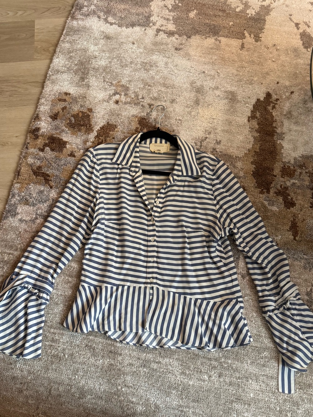 Striped Ruffle-Hem Button Down Shirt - Blue & White